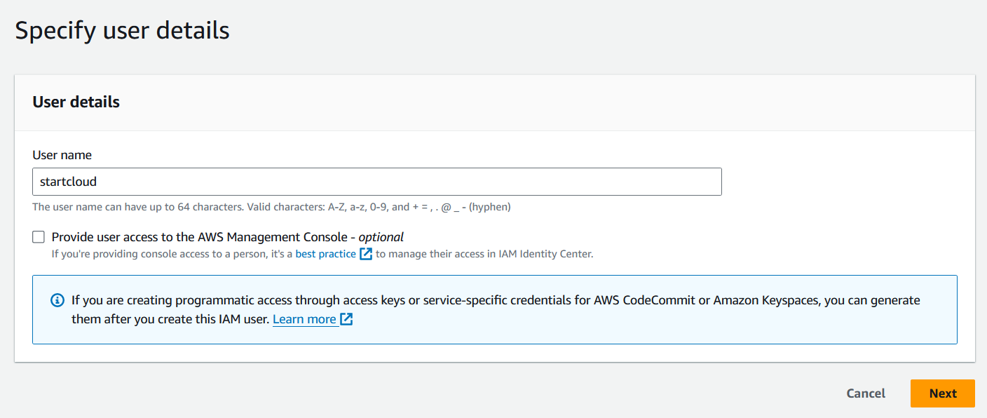 Screenshot: AWS Create User Step 1