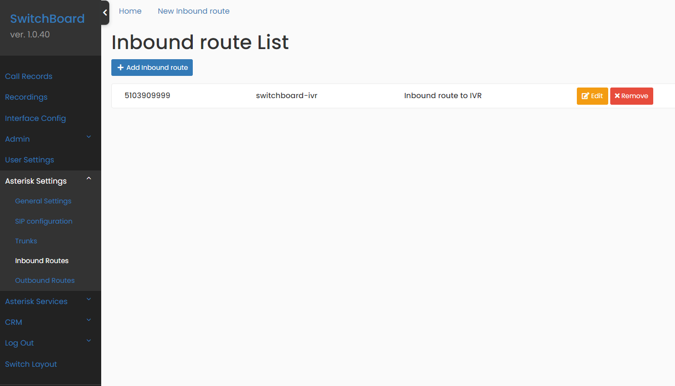 Screenshot: Inbound Routes