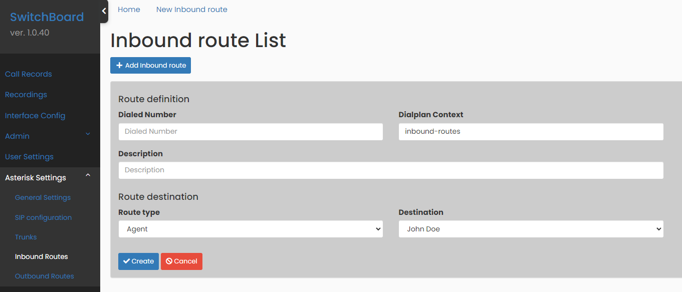 Screenshot: Create Inbound Route