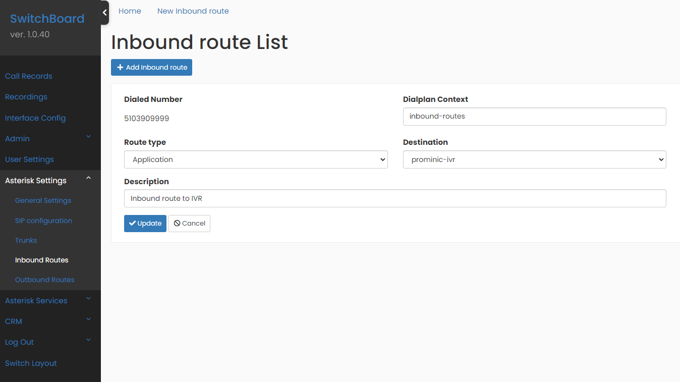 Screenshot: Edit Inbound Route