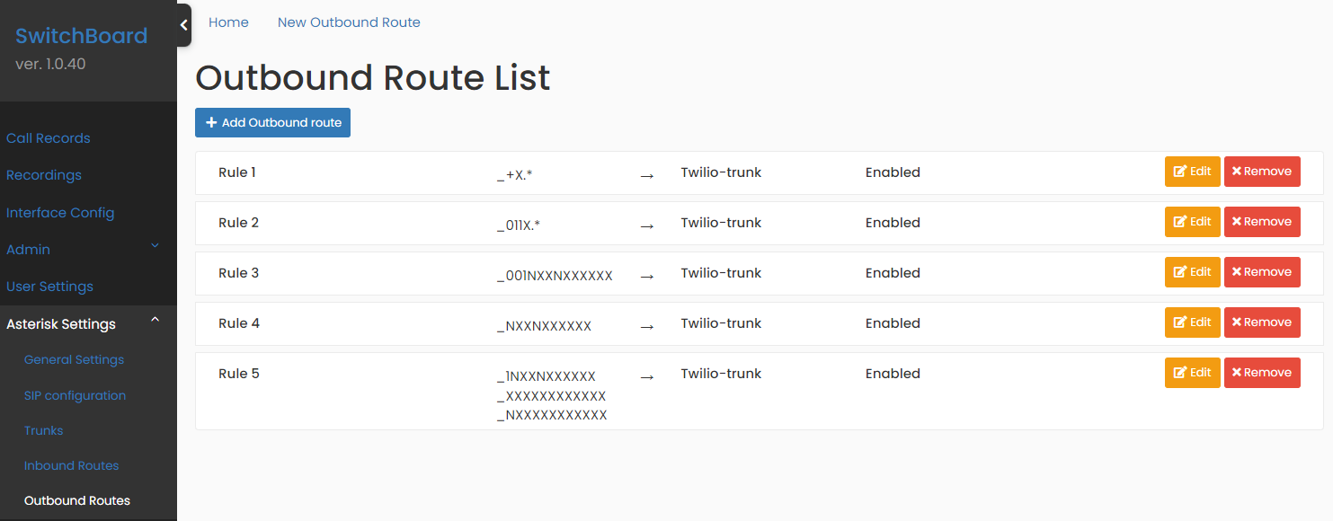 Screenshot: Outbound Routes